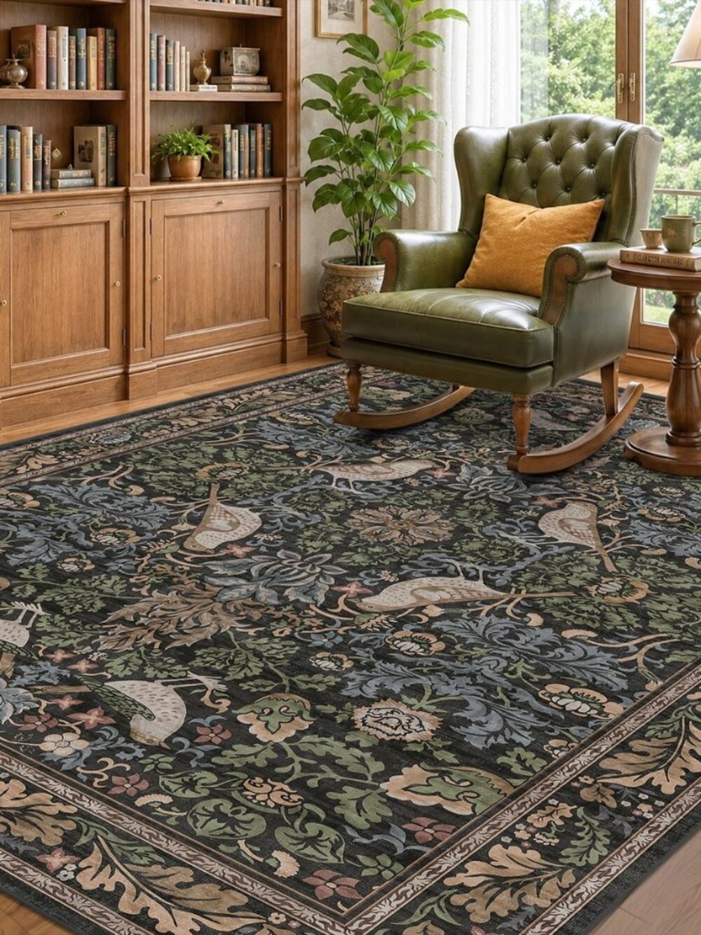 Vintage Floral Area Rug 5x7 for Living Room - Dark Green Forest Bird Rugs for